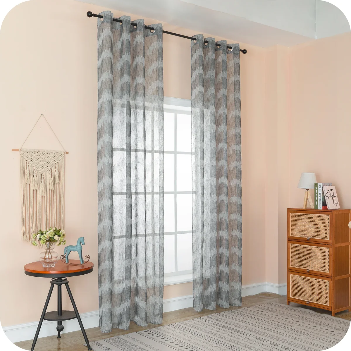 TENDA SEMI FILTRANTE SIMIL LINO MOTIVO A ZIG ZAG 1 PANNELLO 140X285CM GRIGIO - immagine 4