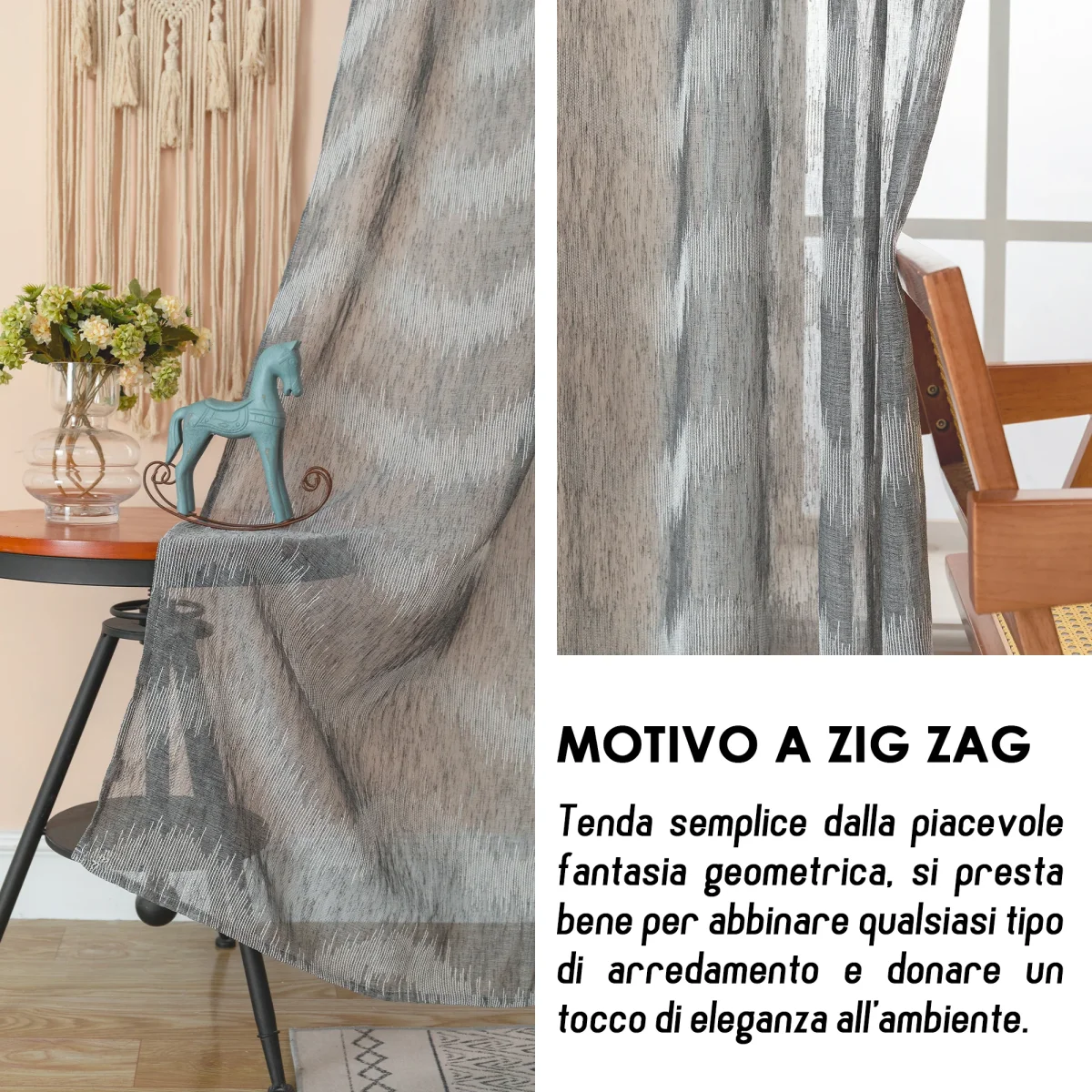 TENDA SEMI FILTRANTE SIMIL LINO MOTIVO A ZIG ZAG 1 PANNELLO 140X285CM GRIGIO - immagine 8